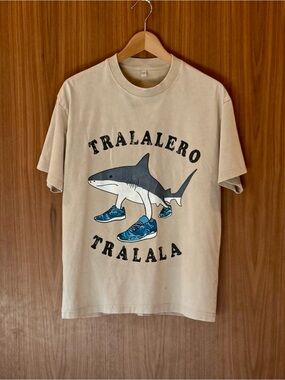 Tralalero Tralala Shark Sneakers Tee * Italian Brainrot Meme * Size S Sand